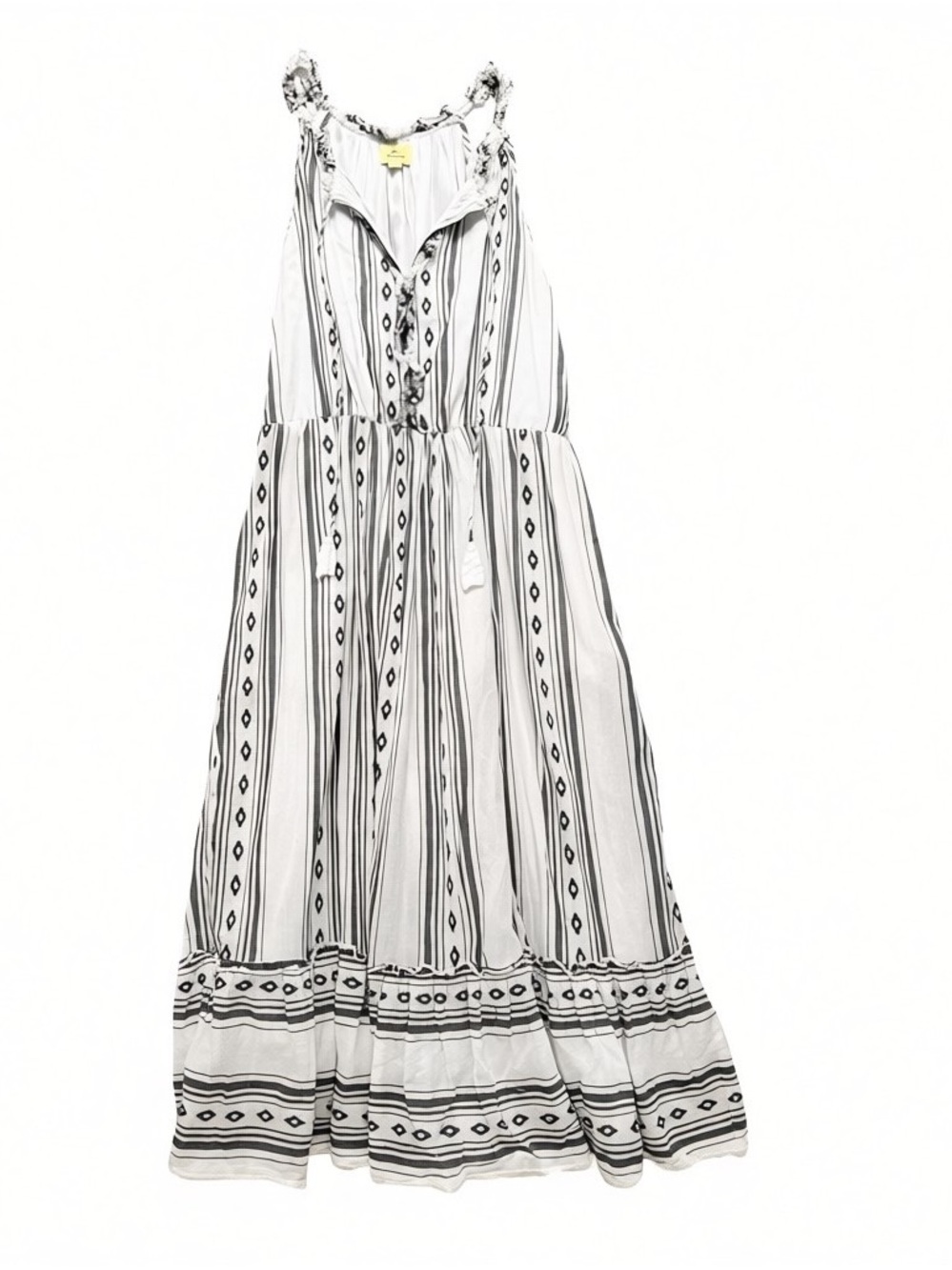 Roller Rabbit White Gray Striped Embroidered Cotton Maxi Dress Size Large Boho